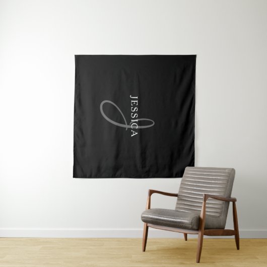 Elegant Name Monogram | Zwart wit en grijs Wandkleed (In Situ (horizontaal))
