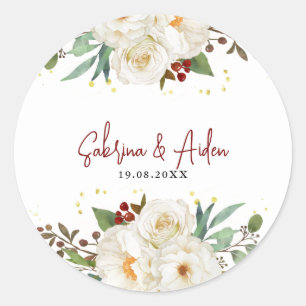 Elegant Natural White Rose Peony Floral Wedding Ronde Sticker