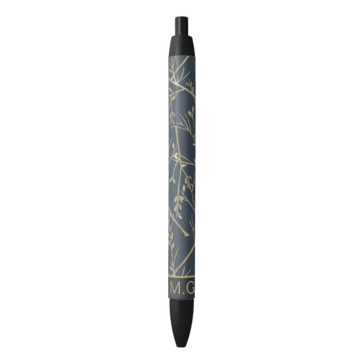 Elegant Nature Branches Pattern Blue Monogram Zwarte Inkt Pen (Voorkant Verticaal)