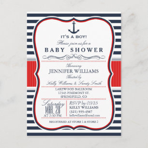 Elegant Nautical Baby shower Invite; Navy en Red Uitnodiging Briefkaart