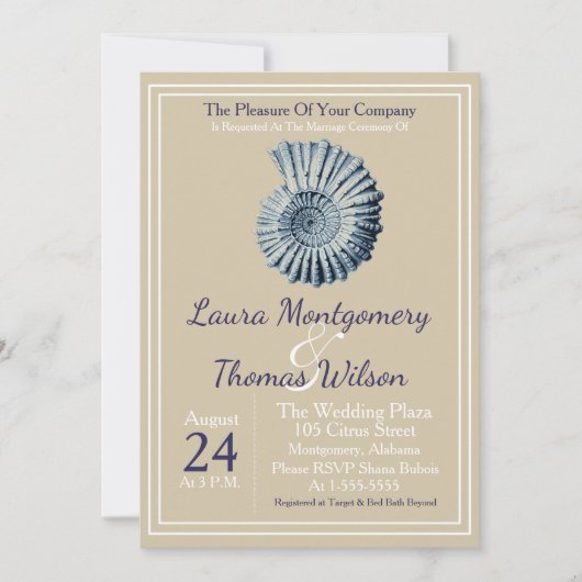 Elegant Nautical Beach Blue Seashell Weddenschap Kaart (Voorkant)