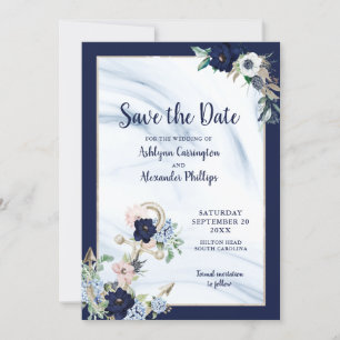 Elegant Nautical Floral Anchor Navy Blue Blush Save The Date