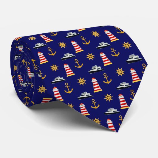 Elegant Nautical Icons op Navy Blue Stropdas (Opgerold)