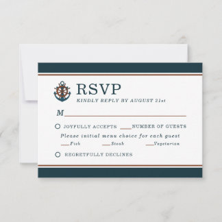Elegant Nautical Navy Anker Bruiloft RSVP Kaartje