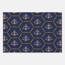 Elegant Nautical Navy & Gold Inpakpapier Vel
