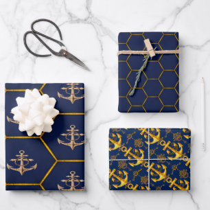 Elegant Nautical Navy & Gold Inpakpapier Vel