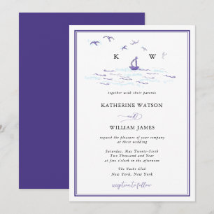 Elegant Nautical Ocean Sailboat Ink Print Wedding Kaart