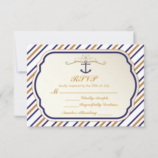 Elegant Nautical Striped Blue Gold Anchor RSVP (Voorkant)