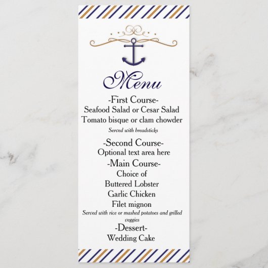 Elegant Nautical Striped Gold Blue Wedding Menu (Voorkant)