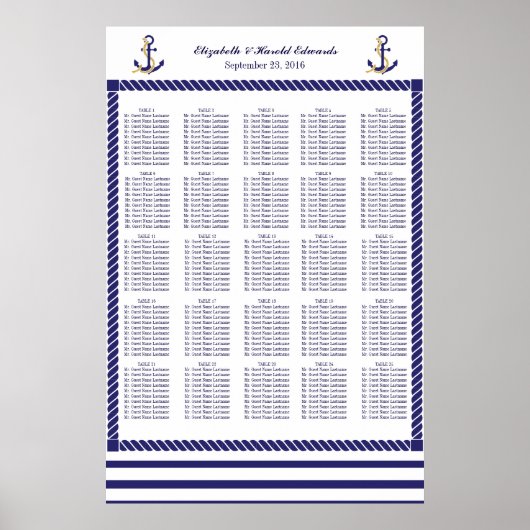 Elegant Nautical Wedding Navy Stripes Seat Chart Poster (Voorkant)