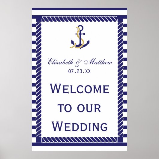 Elegant Nautical Wedding Navy Stripes Welkom Poster (Voorkant)