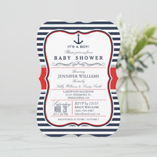 Elegant Nautisch Baby shower Uitnodigen; Navy en R Kaart (Staand voorkant)