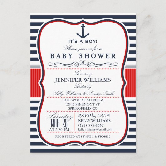 Elegant Nautisch Baby shower Uitnodigen; Navy en R Uitnodiging Briefkaart (Voorkant)