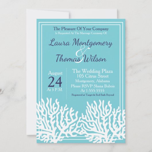 Elegant nautisch strand wit Zee koraal bruiloft Kaart (Voorkant)