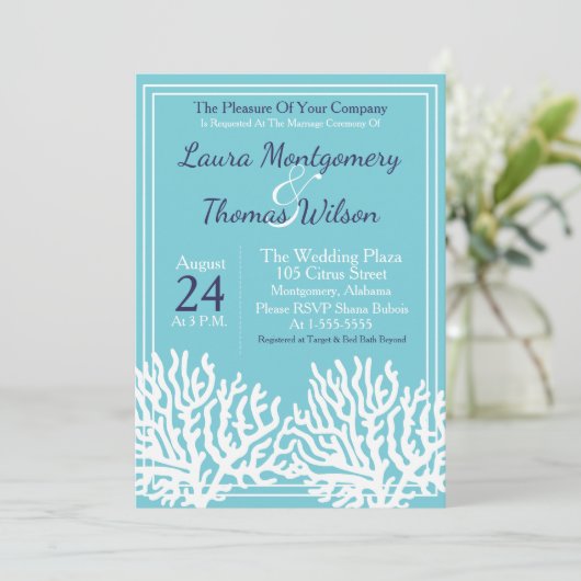 Elegant nautisch strand wit Zee koraal bruiloft Kaart (Staand voorkant)