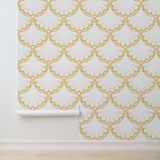 Elegant Nautisch thema Gouden schelp patroon wit Behang (Applicatie)