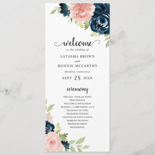 Elegant Navy and Blush Pink Floral Wedding Programma (Voorkant)