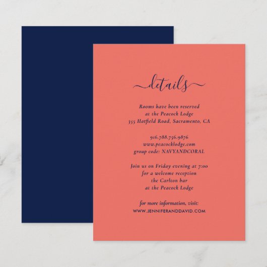 Elegant Navy and Coral Guest Information Kaarten (Voorkant / Achterkant)