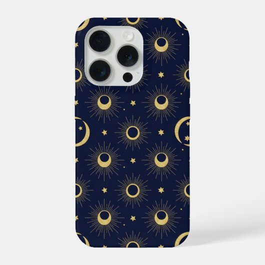 Elegant Navy and Gold Celestial Moon & Sun Pattern iPhone Hoesje (Achterkant)