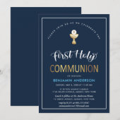 Elegant Navy and Gold First Heilige Communie Kaart (Voorkant / Achterkant)