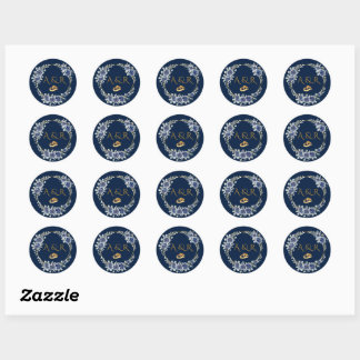 Elegant Navy and Gold Floral Wedding Envelope Seal Ronde Sticker