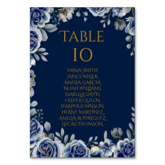 Elegant Navy and Gold Floral Wedding Table Number  Kaart