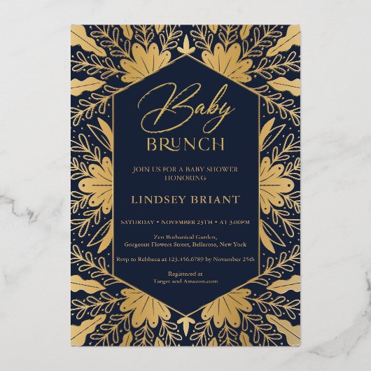 Elegant navy and real gold folie script baby brunc folie uitnodiging (Voorkant)