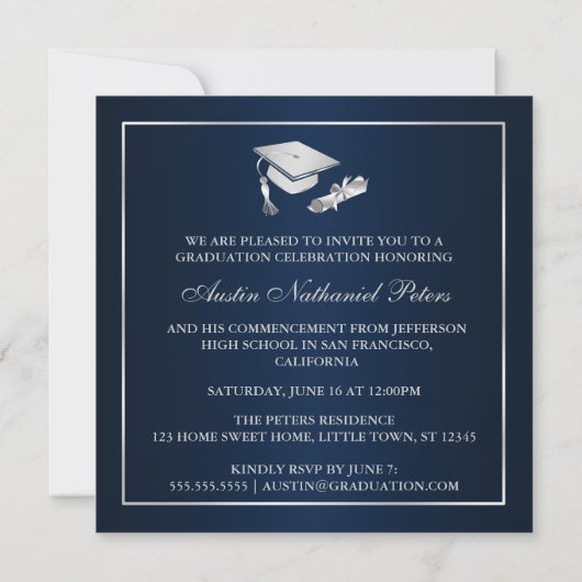 Elegant Navy and Silver Class of 2012 Invitation Kaart (Achterkant)