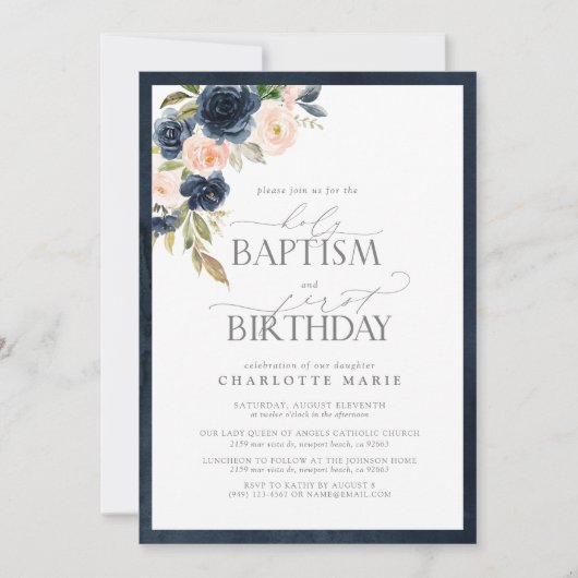 Elegant Navy Blauw Blush Roze Doop 1e Verjaardag Kaart (Voorkant)