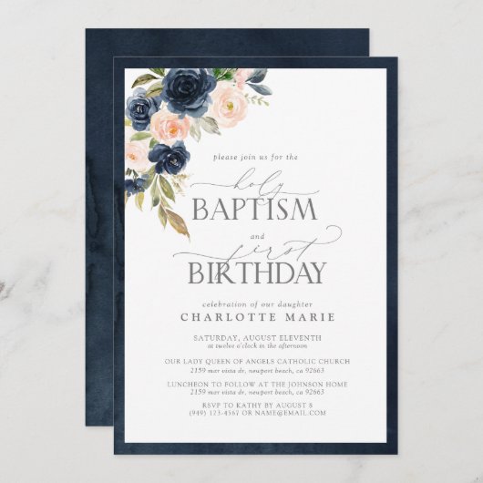 Elegant Navy Blauw Blush Roze Doop 1e Verjaardag Kaart (Voorkant / Achterkant)