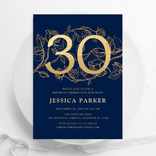 Elegant Navy Blauw Goud 30e Verjaardag Kaart