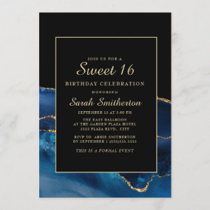 Elegant Navy Blauw Goud Agate Marmer Sweet 16 Kaart