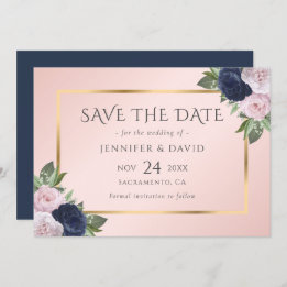 Elegant Navy Blauw Goud Blush Roze Bloemen Save The Date