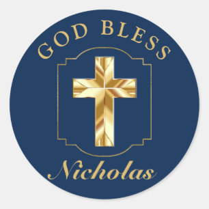 Elegant Navy Blauw Goud Jongens Bevestiging GOD ZE Ronde Sticker