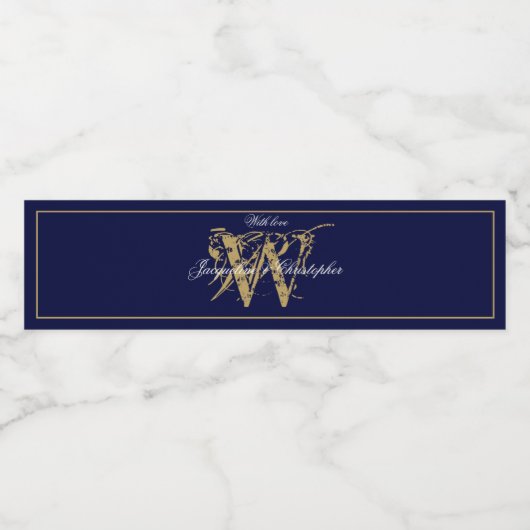 Elegant Navy Blauw Goud Monogram Namen Chique Brui Waterfles Etiket (Enkel label)