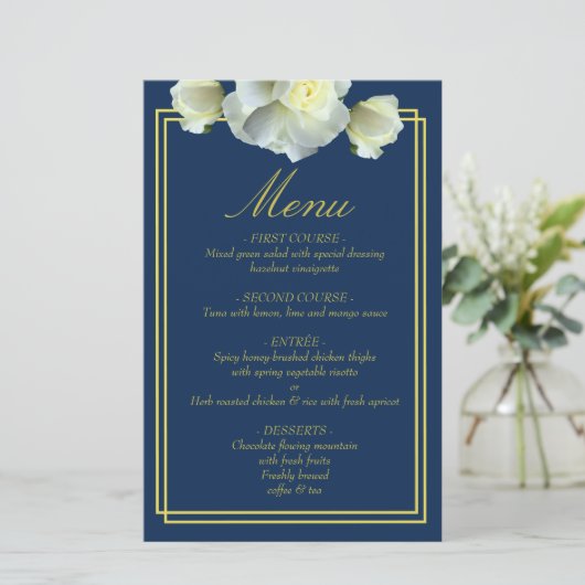 Elegant Navy Blauw Goud Script Menu Foto Info Kaar (Staand voorkant)