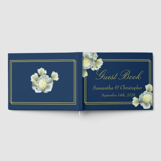 Elegant Navy Blauw Goud Script Wit Rozen Bruiloft Gastenboek (Volledig)