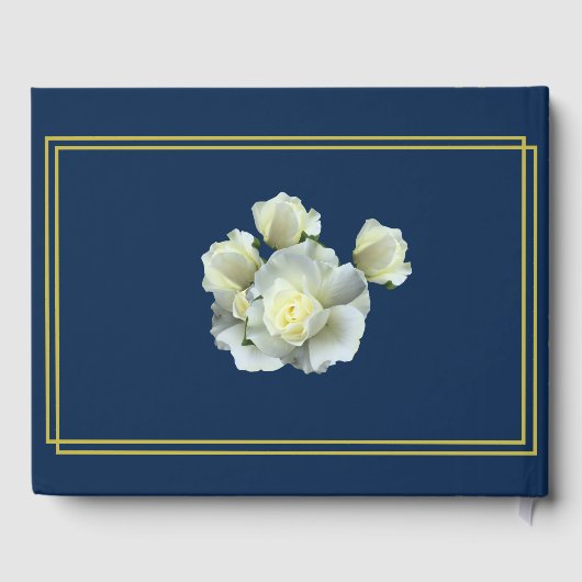 Elegant Navy Blauw Goud Script Wit Rozen Bruiloft Gastenboek (Achterkant)