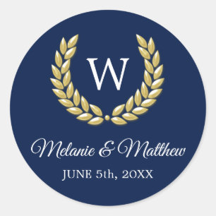 Elegant Navy Blauw & Gouden Laurel Monogram Bruilo Ronde Sticker