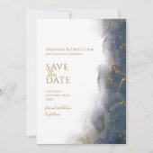 Elegant Navy Blauw Gouden Marmeren Trouw Save The Date (Voorkant)