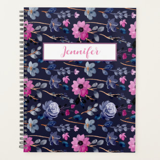 Elegant Navy Blauw roze bloemen Planner