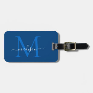 Elegant Navy Blauw Wit Monogram Script Naam Bagagelabel