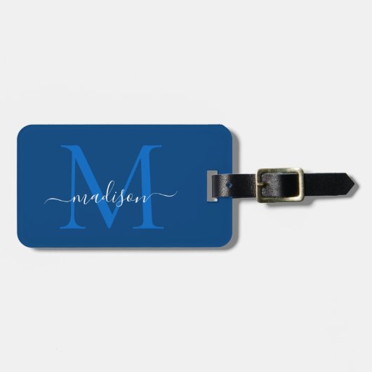 Elegant Navy Blauw Wit Monogram Script Naam Bagagelabel (Voorkant horizontaal)