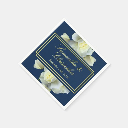 Elegant Navy Blauw Wit Rozen Minimaal Goud Script Servet (Hoek)