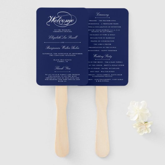 Elegant Navy Blauw & Wit Script bruiloft programma Handwaaier (Voorkant en achterkant)