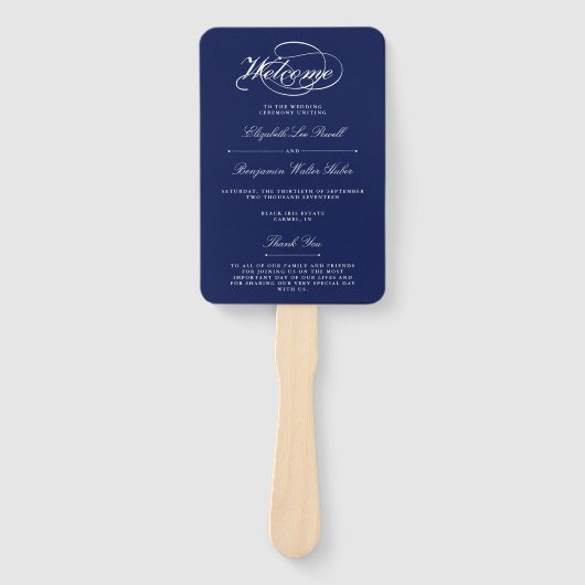 Elegant Navy Blauw & Wit Script bruiloft programma Handwaaier (Voorkant)