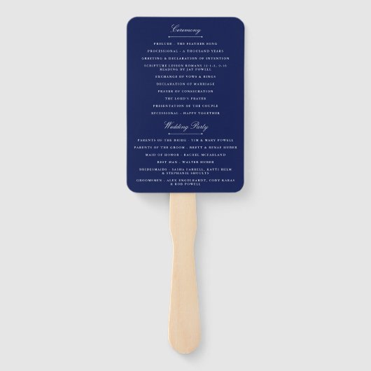 Elegant Navy Blauw & Wit Script bruiloft programma Handwaaier (Achterkant)