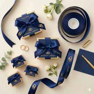 Elegant Navy Blauwe Gouden Persoonlijke Trouwlint Lint