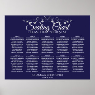 Elegant Navy Blue 10 Table Wedding Seating Chart Poster