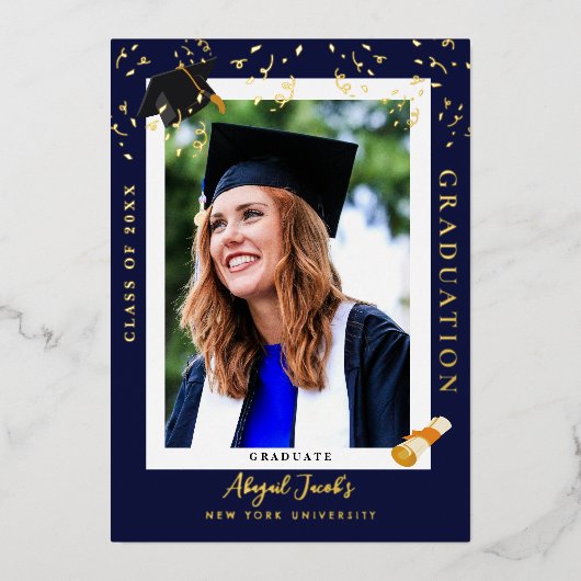 Elegant Navy Blue Afstuderen Foto Aankondiging (Voorkant)